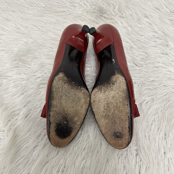 Vintage Salvatore Ferragamo 1980’s Red Vara Patent Bow Pump Kitten Heel Size 9AA - Picture 8 of 10